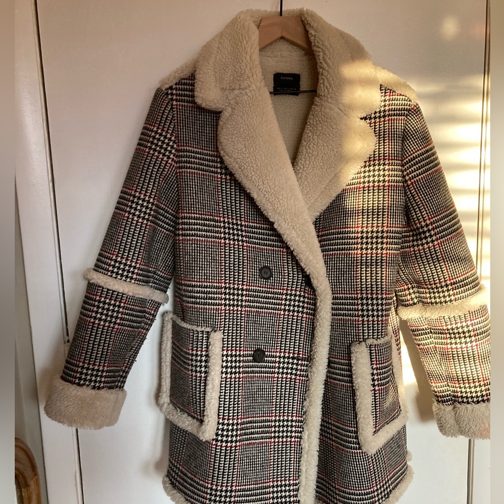 Bershka Plaid Shearling-Lined Coat